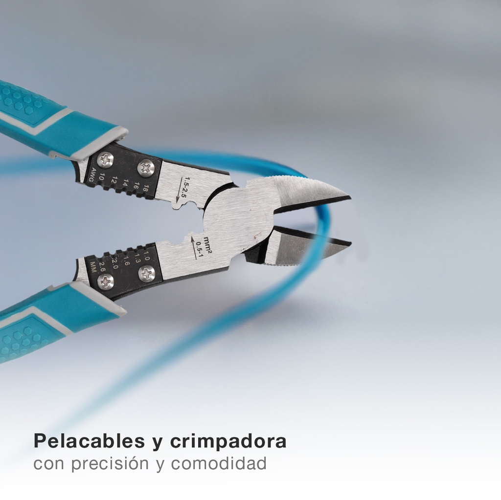 Alicate de corte diagonal 200mm con pelacables y crimpadora