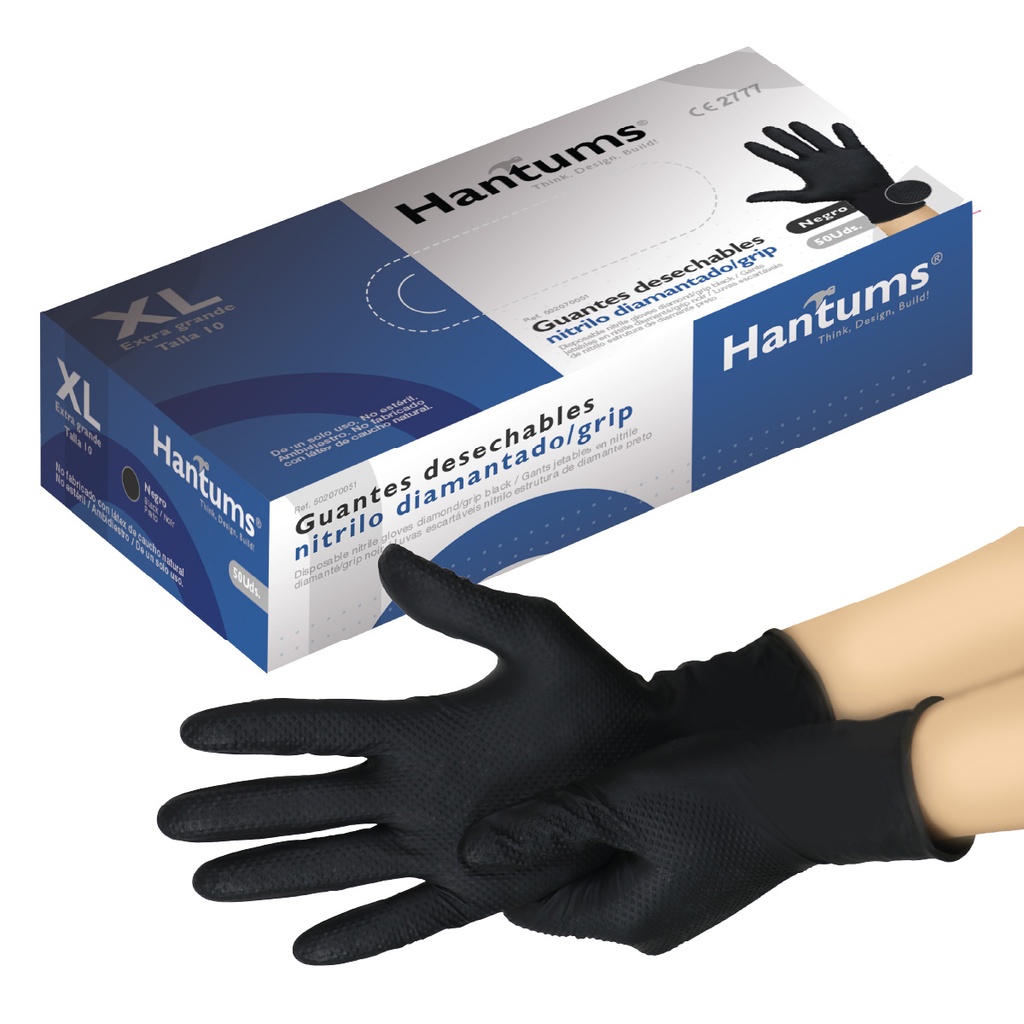 Caja 50 guantes desechables de nitrilo diamantado/grip Negro - Talla XL