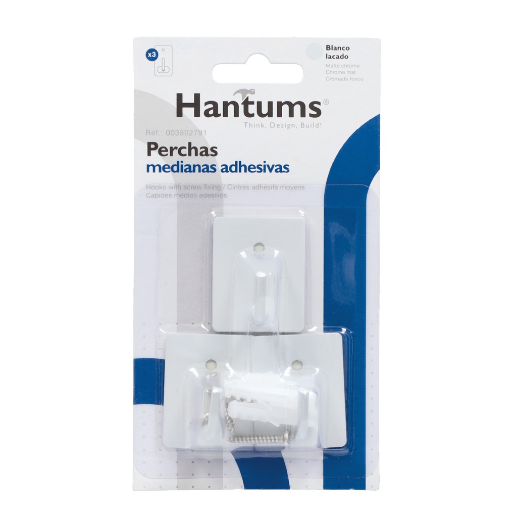 Pack 3 Perchas medianas adhesivas 26x43mm Blancas