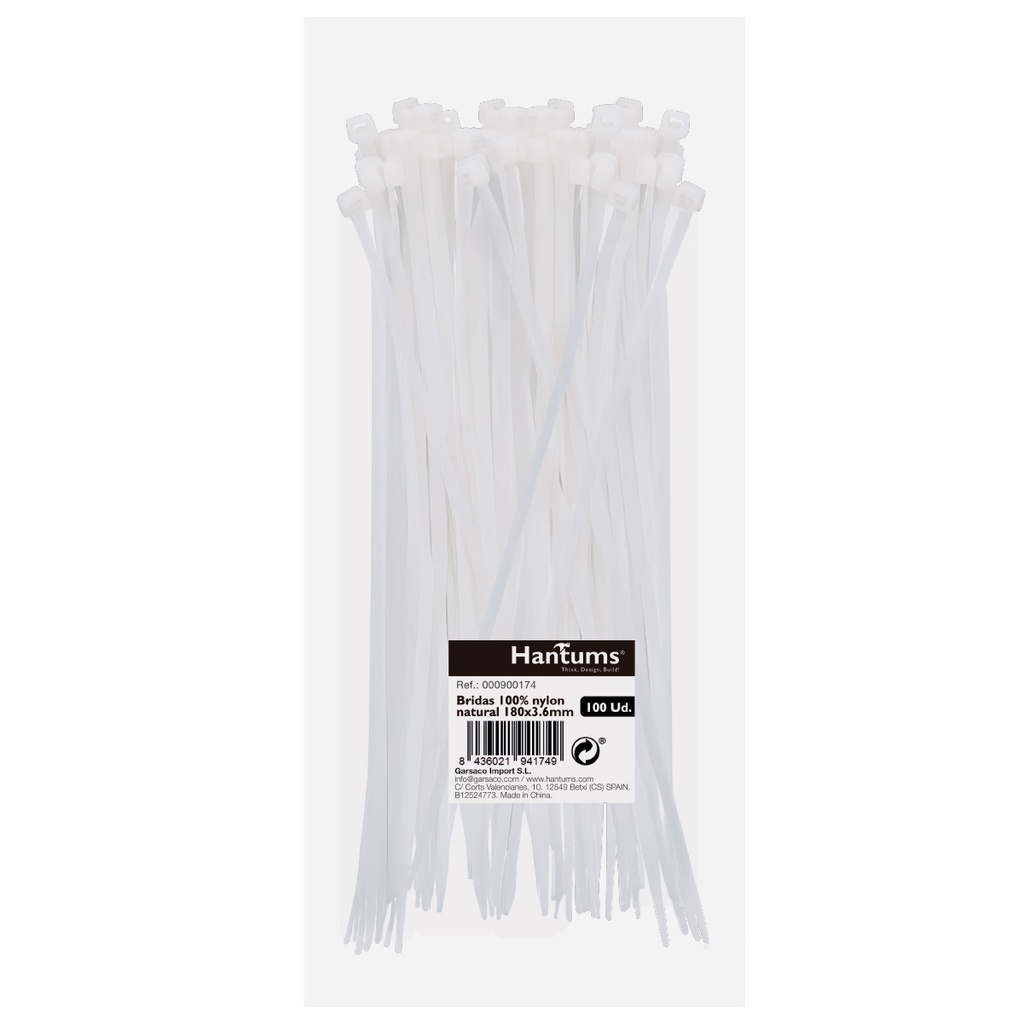 Bolsa 100u bridas 100% nylon 180x3.6mm Natural