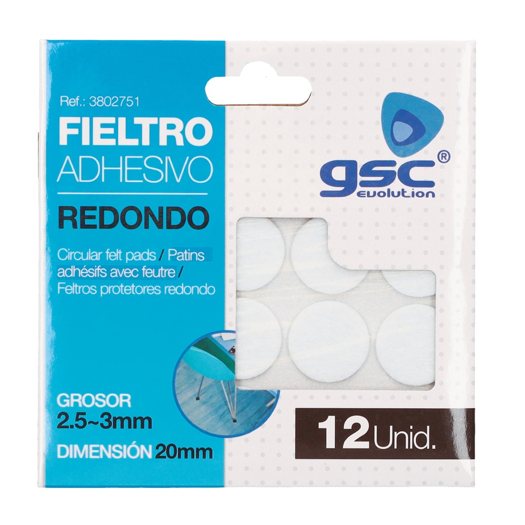 Set 12 fieltros adhesivos redondos Ø20mm - Blanco