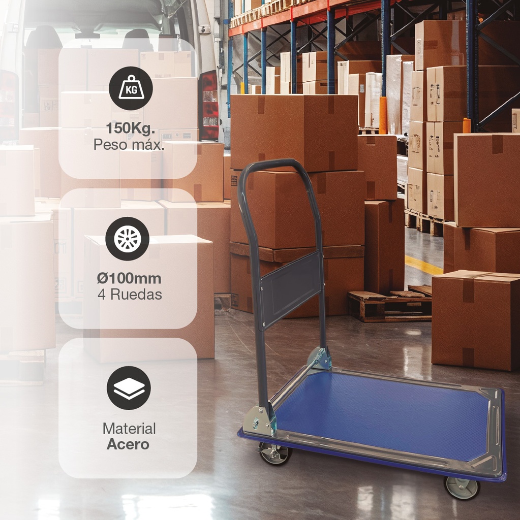 Carro plataforma de transporte plegable con frenos Máx. 150kg
