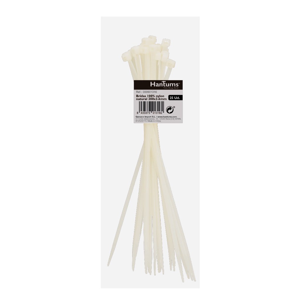 Bolsa 25u bridas 100% nylon 200x3.6mm Natural