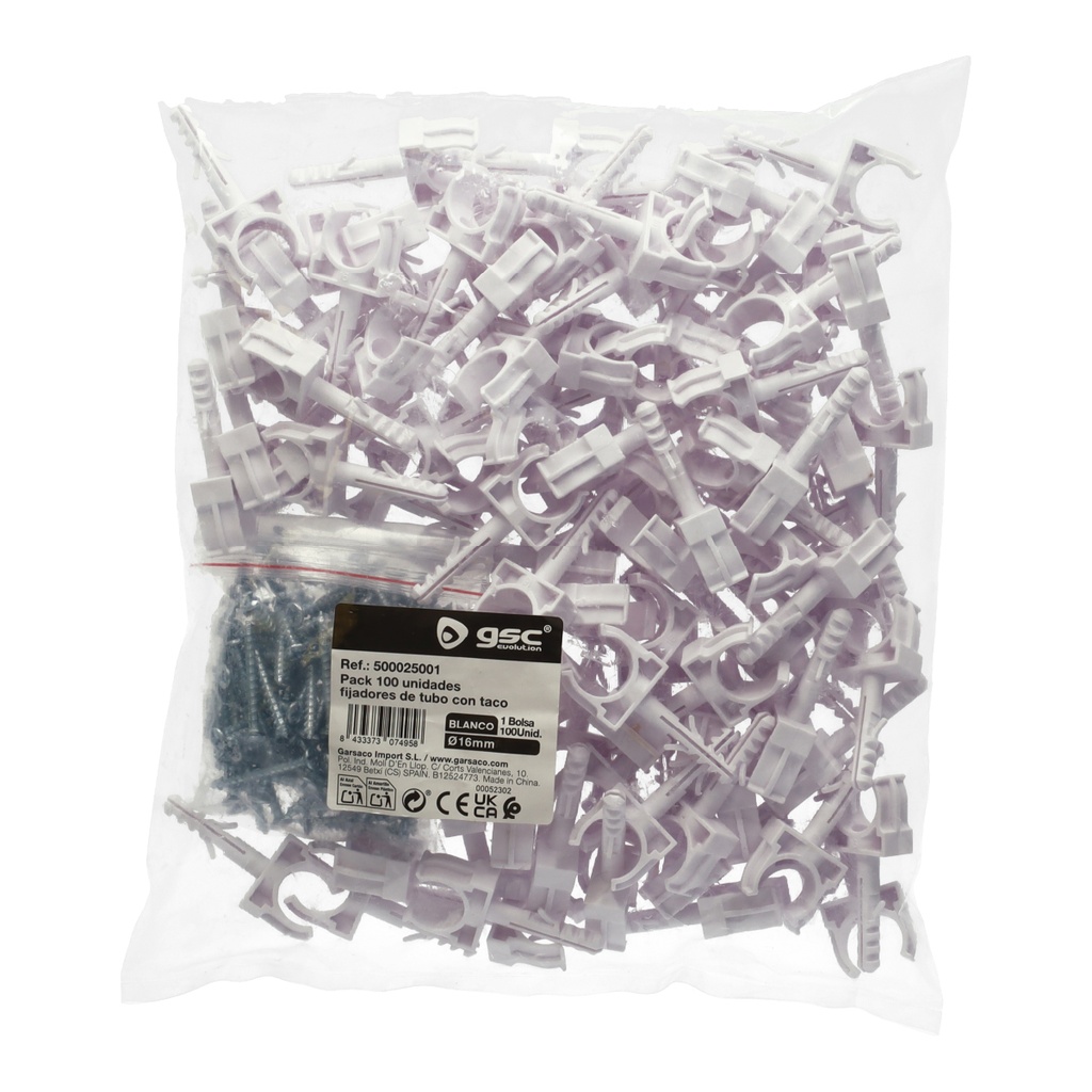 Pack 100u fijadores de tubo con taco Ø16mm