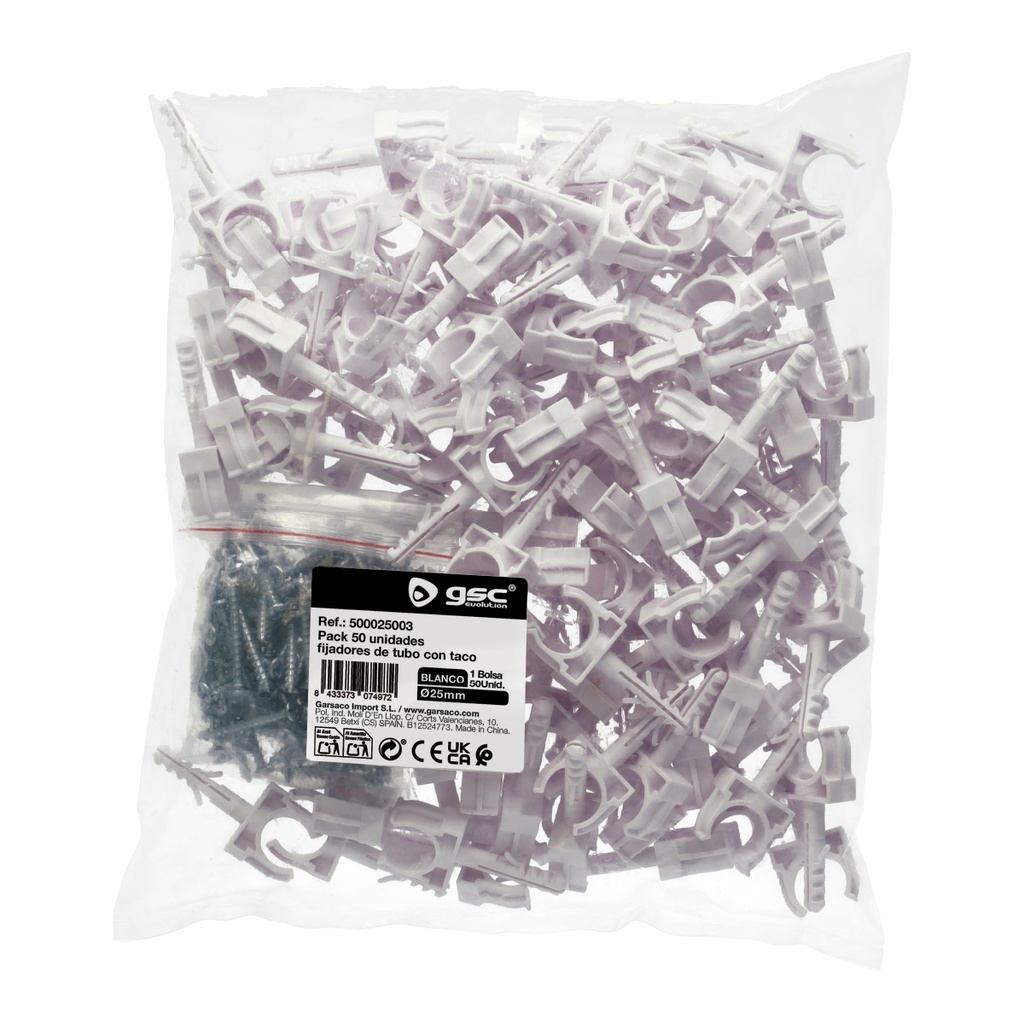 Pack 50u fijadores de tubo con taco Ø25mm